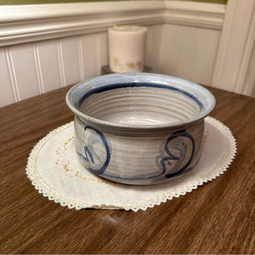 Blue Brushed Wheel Thrown Half Cylinder Round Bowl Crock Signed Studio Pottery